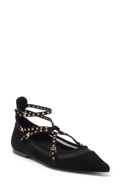 Shop Jeffrey Campbell Volatile Ankle Strap Pointed Toe Flat In Black Mesh Gold