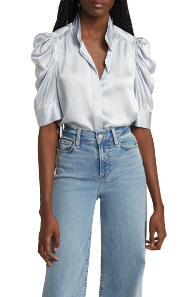 Shop Frame Gillian Three-quarter Sleeve Silk Button-up Shirt In Denim Blue