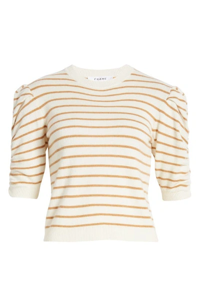 Shop Frame Stripe Ruched Sleeve Cashmere Sweater In Camel Multi