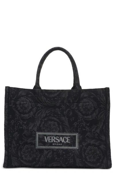 Shop Versace Large Jacquard Canvas Tote In Black/ -gold