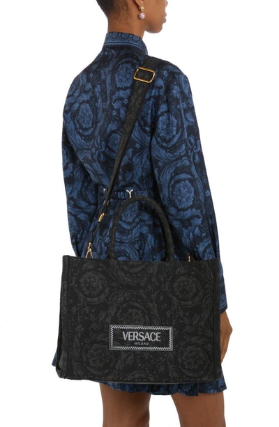 Shop Versace Large Jacquard Canvas Tote In Black/ -gold