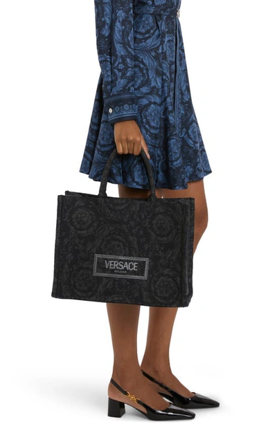 Shop Versace Large Jacquard Canvas Tote In Black/ -gold