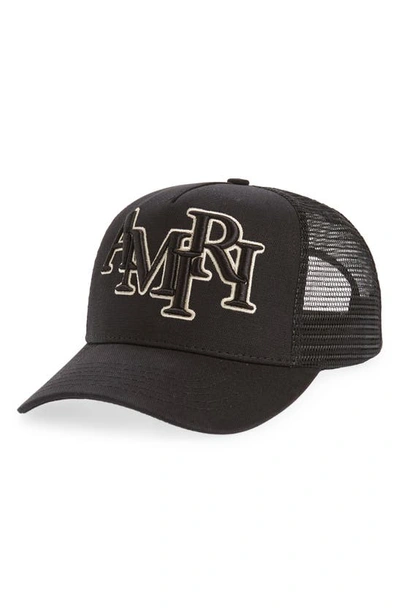 Shop Amiri Staggered Logo Trucker Hat In Black/ Alabaster
