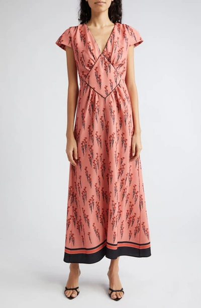 Shop Loretta Caponi Floral Print Cap Sleeve Stretch Crepe Dress In Flying Carnations