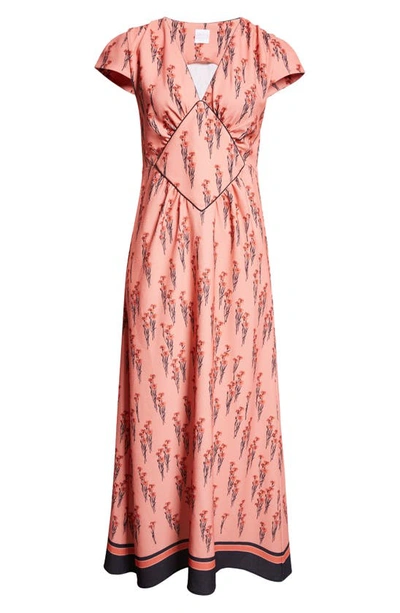 Shop Loretta Caponi Floral Print Cap Sleeve Stretch Crepe Dress In Flying Carnations