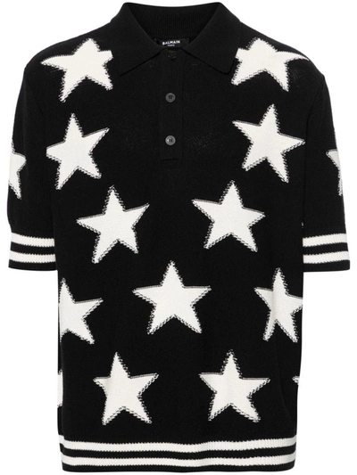 Shop Balmain Polo Shirt With Stars In Nero E Naturale