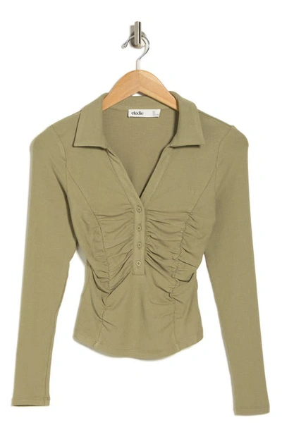 Shop Elodie Ruched Long Sleeve Crop Polo In Olive Green