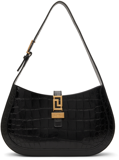 Shop Versace Black Croc-embossed Bag In 1b00v-black-gold