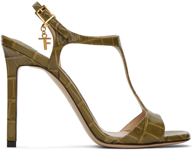 Shop Tom Ford Khaki Glossy Heeled Sandals In 1e015 Khaki
