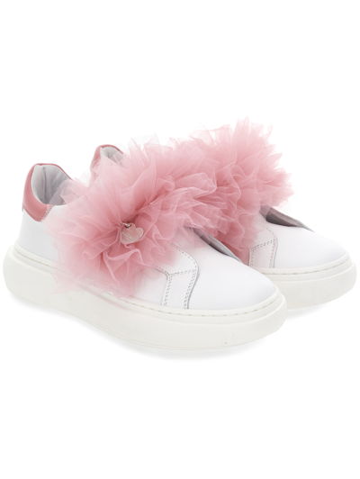 Monnalisa Pink Low Sneakers For Girl With Tulle In White + Rosa Fairytale