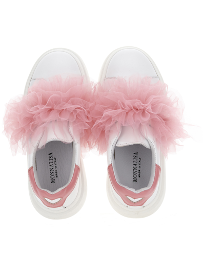 Monnalisa Pink Low Sneakers For Girl With Tulle In White + Rosa Fairytale