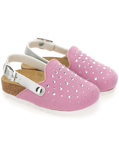 Monnalisa Denim Clogs With Rhinestones In Pink + Silver