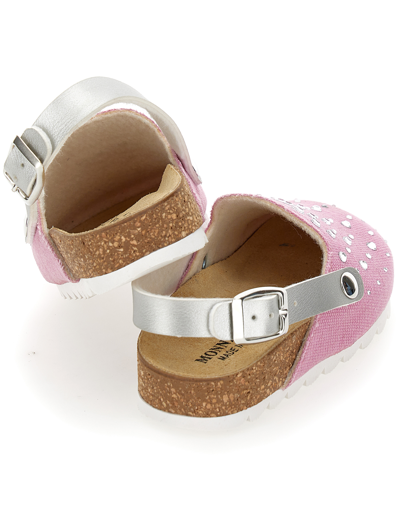 Monnalisa Denim Clogs With Rhinestones In Pink + Silver