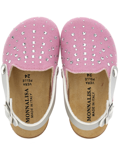 Monnalisa Denim Clogs With Rhinestones In Pink + Silver
