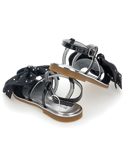 Monnalisa Patent Leather Sandals With Maxi Bow In Black