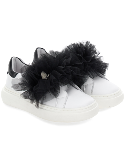 Monnalisa Nappa Leather And Tulle Sneakers In White + Black