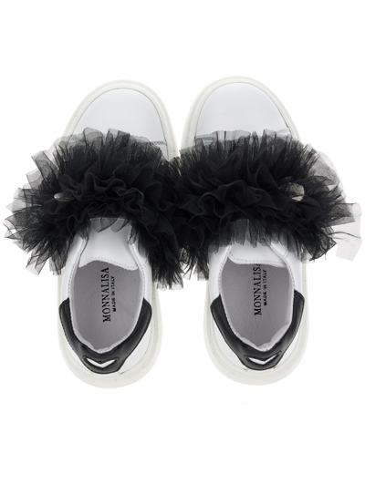 Monnalisa Nappa Leather And Tulle Sneakers In White + Black