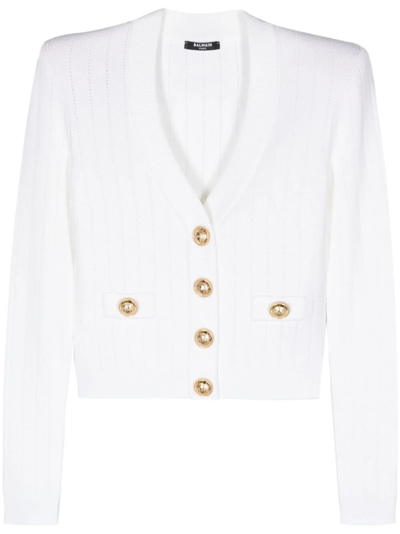 Shop Balmain Buttoned Knit Cardigan In White