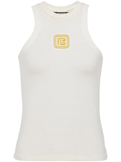 Shop Balmain Pb Embroidered Tank Top In White