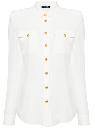 Shop Balmain Embossed-buttons Silk Shirt In White