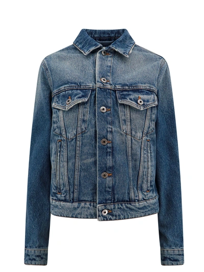Shop Off-white Denim Jacket With Leather Logo Patch