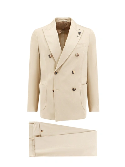 Shop Lardini Stretch Cotton Suit With Iconic Brooch