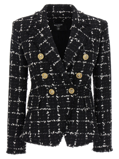 Shop Balmain Tweed Double-breasted Blazer Blazer And Suits White/black