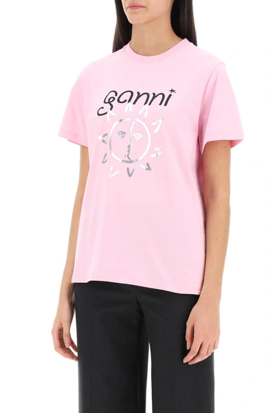 Shop Ganni Crew Neck T Shirt With Print In Pink