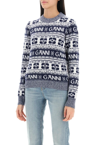 Shop Ganni Jacquard Wool Sweater With Logo Pattern In White, Blue