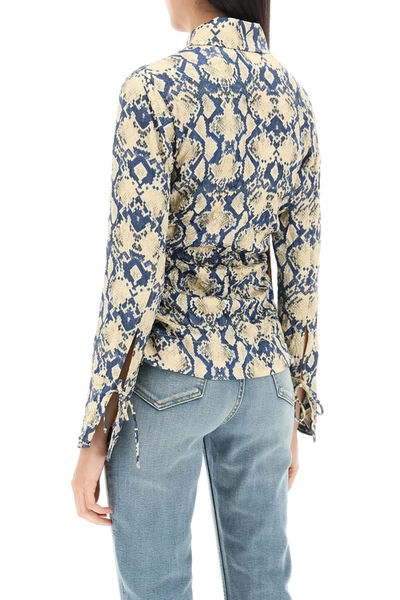 Shop Ganni Crinkled Satin Shirt With Snake Print In Yellow, Blue
