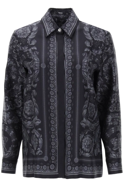 Shop Versace Barocco Shirt In Crepe De Chine In Grey, Black