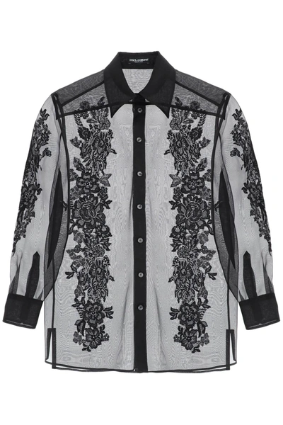 Shop Dolce & Gabbana Organza Shirt With Lace Inserts In Black
