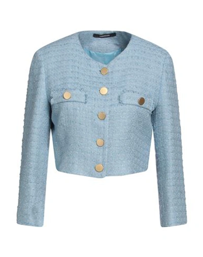 Shop Tagliatore 02-05 Woman Blazer Azure Size 10 Cotton, Linen, Viscose, Polyamide In Blue