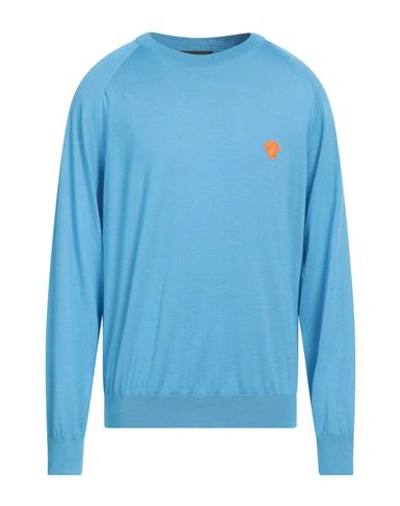 Shop Versace Man Sweater Azure Size 46 Wool, Cashmere, Silk, Viscose In Blue
