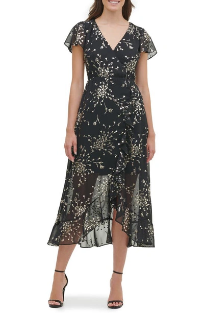 Shop Kensie Metallic Floral Short Sleeve Faux Wrap Midi Dress In Black/ Gold