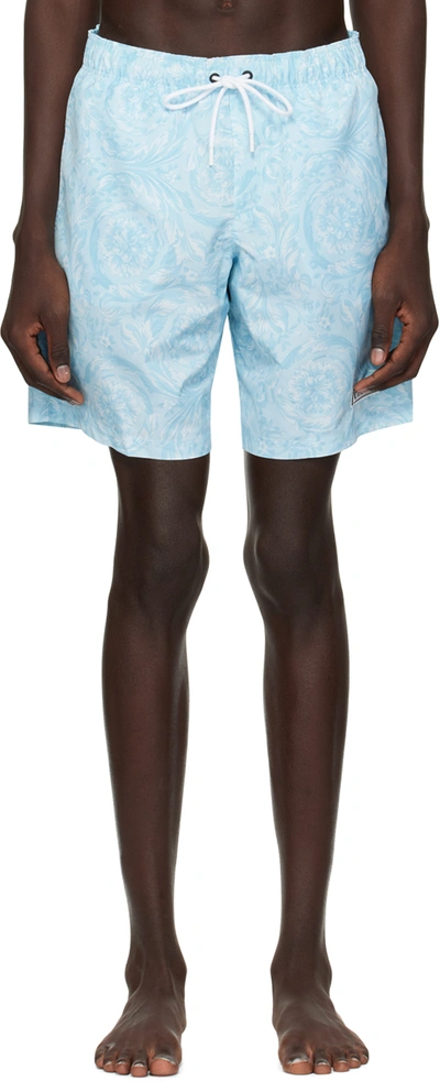 Shop Versace Blue Barocco Swim Shorts In 5u940-pale Blue