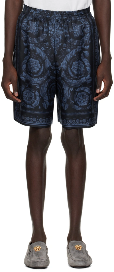Versace Navy Barocco Shorts In 5u960- Navy Blue