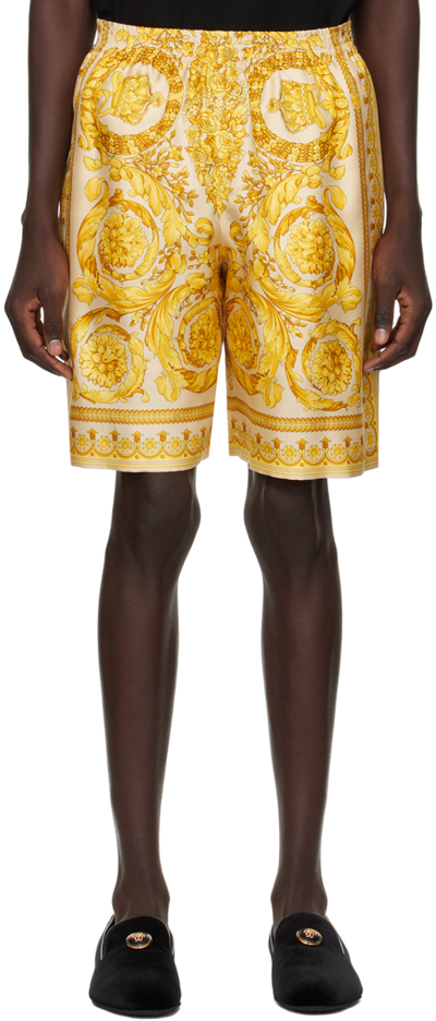 Versace Golden Barocco Print Silk Shorts In 5k410-champagne