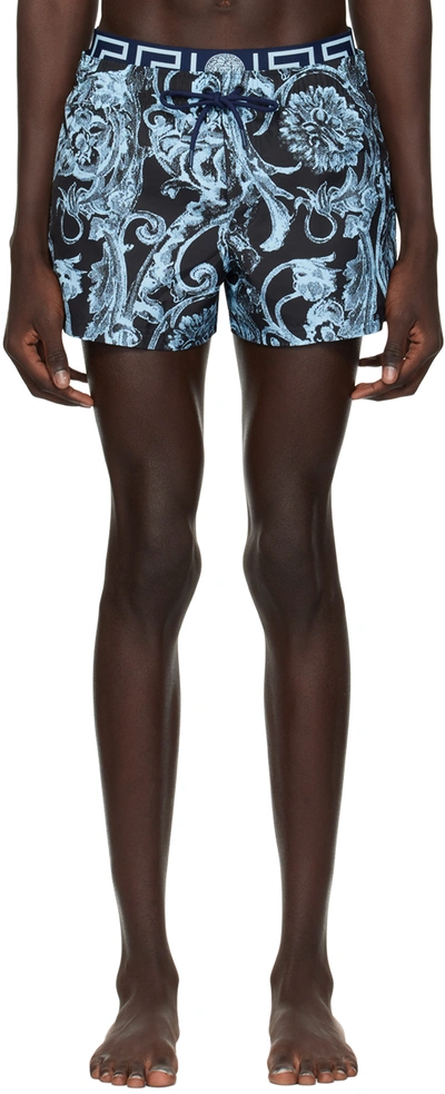 Shop Versace Blue Barocco Stencil Swim Shorts In 5u970-navy+pale Blue