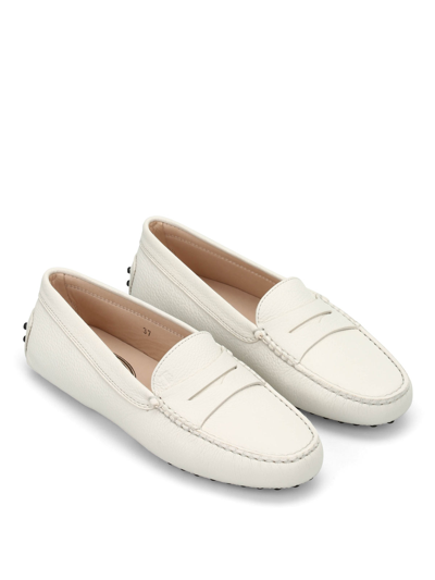 Tod's New Gommini Loafers In Hammered Leather With Sleeper In White