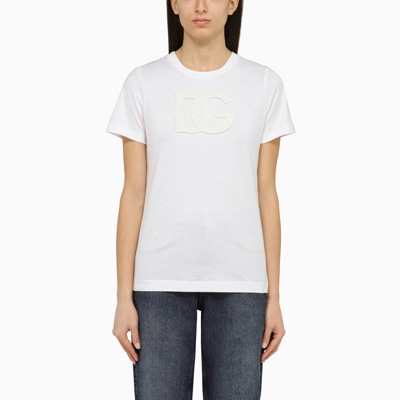Dolce & Gabbana Dolce&gabbana White Crew Neck T Shirt With Logo Embroidery In Cotton In Neutral