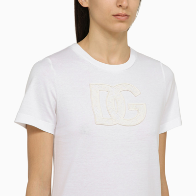 Dolce & Gabbana Dolce&gabbana White Crew Neck T Shirt With Logo Embroidery In Cotton In Neutral