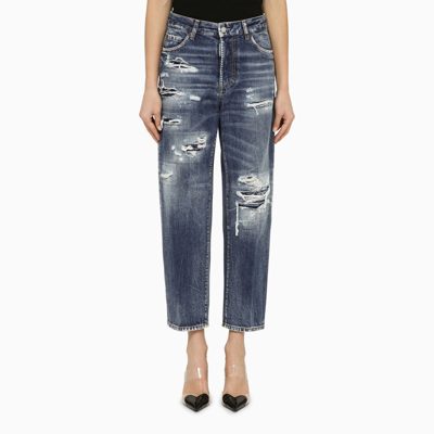 Shop Dsquared2 Navy Blue Washed Jeans With Wear