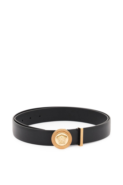 Versace Medusa Streamlined Leather Belt With Adjustable Length And Gold-tone Buckle In Black