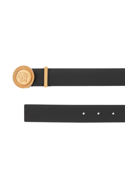 Versace Medusa Streamlined Leather Belt With Adjustable Length And Gold-tone Buckle In Black