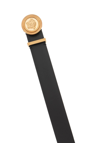 Versace Medusa Streamlined Leather Belt With Adjustable Length And Gold-tone Buckle In Black