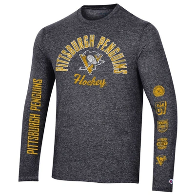 Shop Champion Heather Black Pittsburgh Penguins Multi-logo Tri-blend Long Sleeve T-shirt