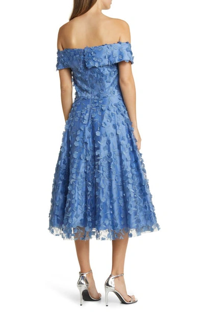 Eliza J Petite 3d Floating Flowers Off-the-shoulder Midi Dress In Slate