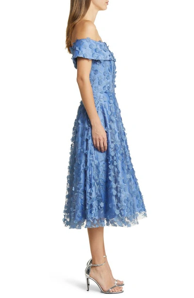 Eliza J Petite 3d Floating Flowers Off-the-shoulder Midi Dress In Slate