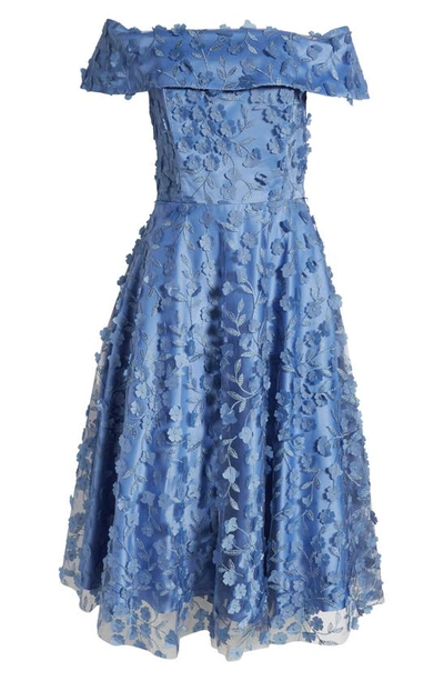 Shop Eliza J Floral Appliqué Off The Shoulder Midi Cocktail Dress In Slate